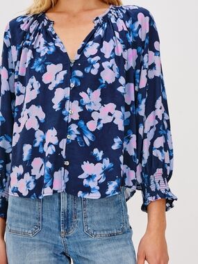 Rails Navy Floral Button-Down Blouse with Pink and Blue Blooms